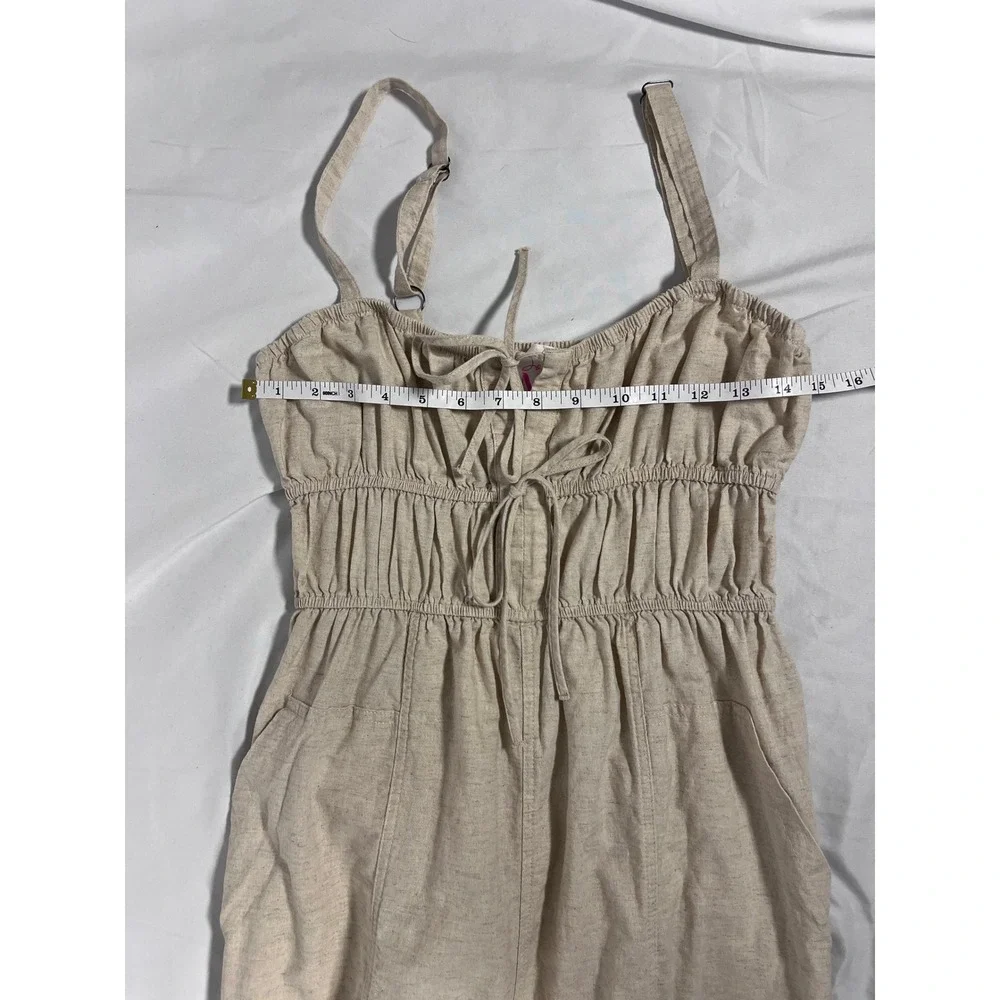 So Me Linen Blend Jumpsuit M Oatmeal Boho Cottagecore Adjustable Straps Pockets